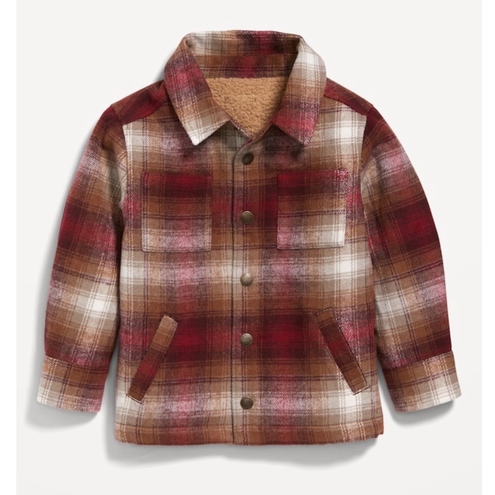 OLD NAVY Toddler Boys Plaid Flannel Sherpa Lined Shacket NWT 3T Burgundy Cream